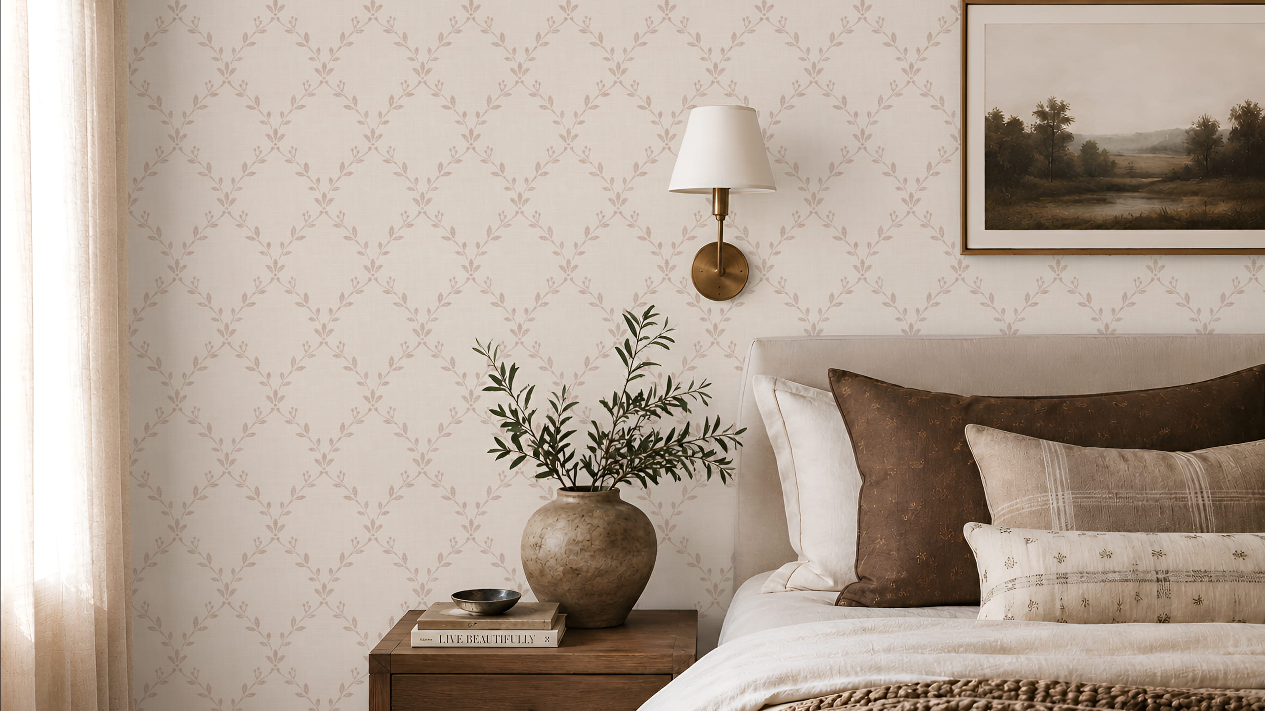 Bedroom with Tessab Studio wallpaper, layered bedding, and warm neutral tones